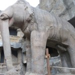 Elephant standing guard inside Cave No. 16, Ellora